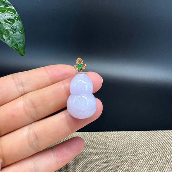 RealJade® Co. Genuine Lavender Jadeite Jade Good Luck Hulu Bottle Gourd Necklace With 18K Yellow Gold Bail