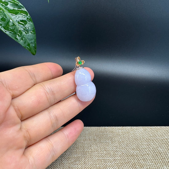 RealJade® Co. Genuine Lavender Jadeite Jade Good Luck Hulu Bottle Gourd Necklace With 18K Yellow Gold Bail