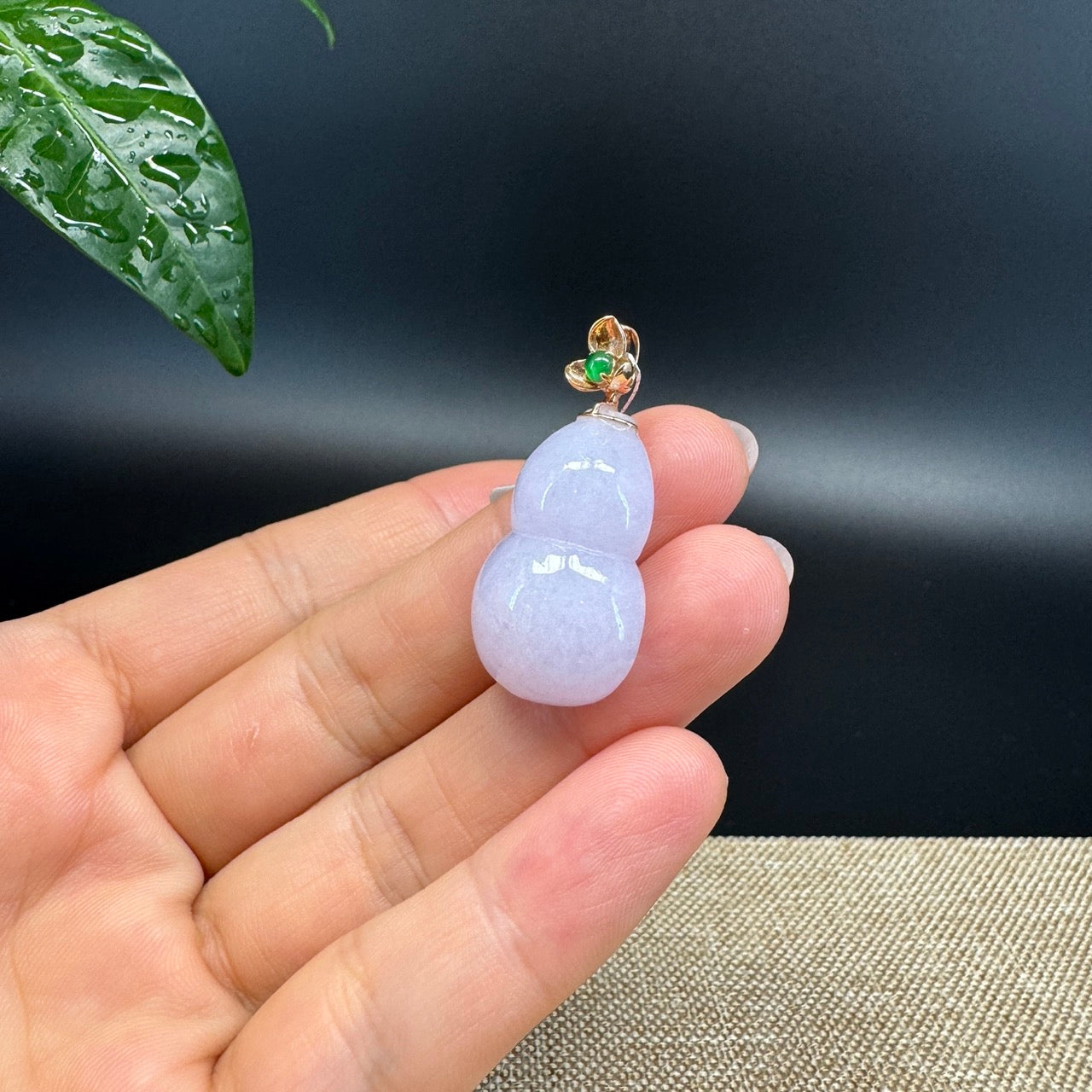 RealJade® Co. Genuine Lavender Jadeite Jade Good Luck Hulu Bottle Gourd Necklace With 18K Yellow Gold Bail