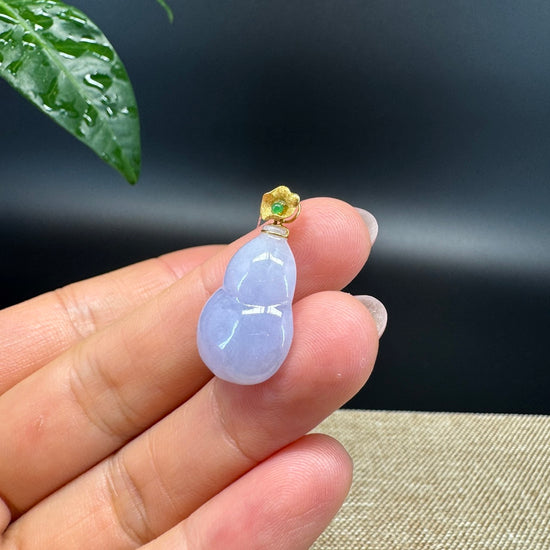 RealJade® Co. Genuine Lavender Jadeite Jade Good Luck Hulu Bottle Gourd Necklace With 18K Yellow Gold Bail