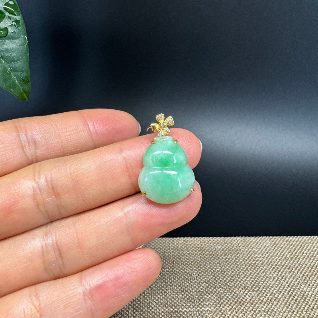 RealJade® Co. Genuine Green Jadeite Jade Good Luck Hulu Bottle Gourd Necklace With 18K Yellow Gold Bail