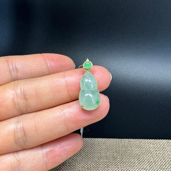 RealJade® Co. Genuine Ice Green Jadeite Jade Good Luck Hulu Bottle Gourd Necklace With 18K Yellow Gold Bail