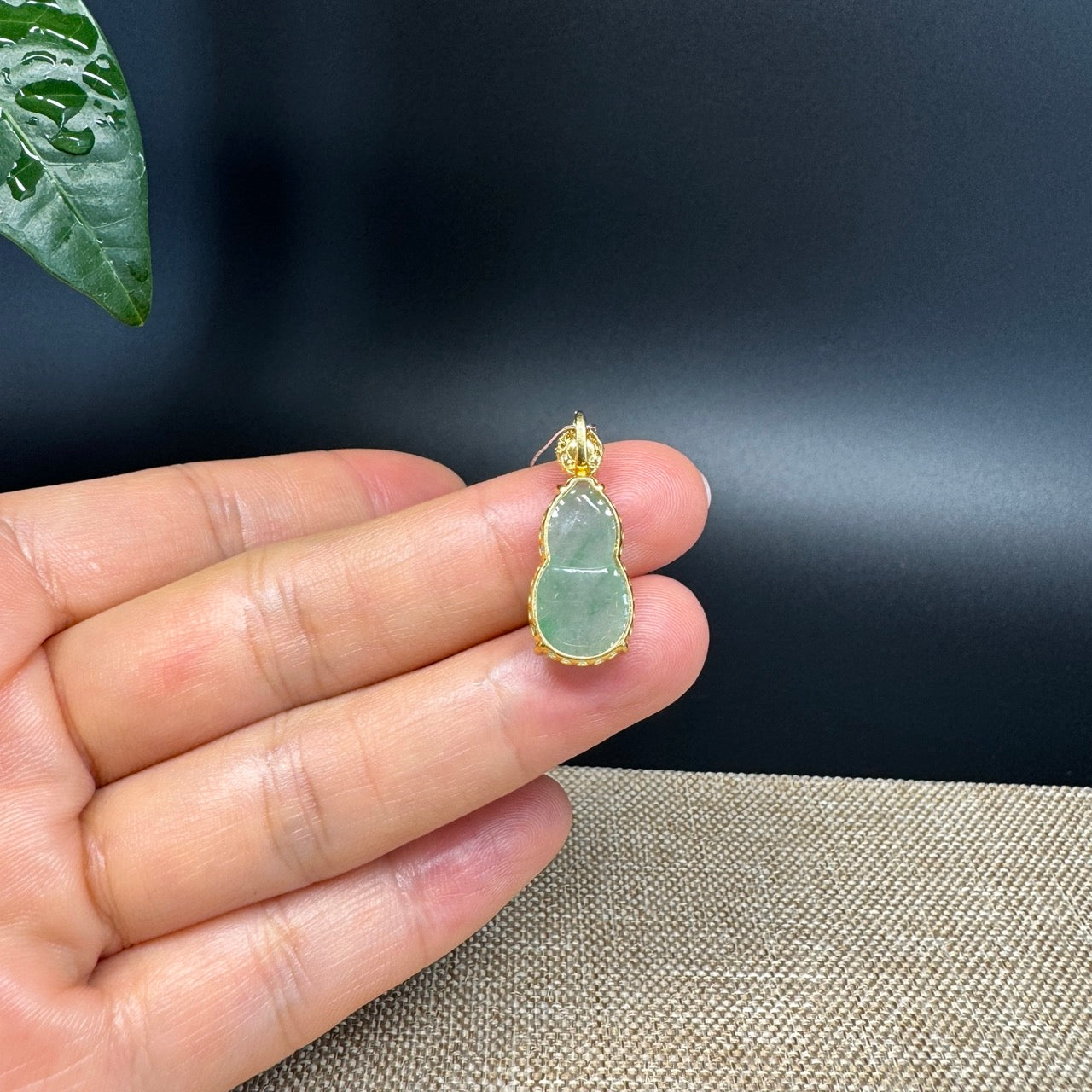 RealJade® Co. Genuine Ice Green Jadeite Jade Good Luck Hulu Bottle Gourd Necklace With 18K Yellow Gold Bail