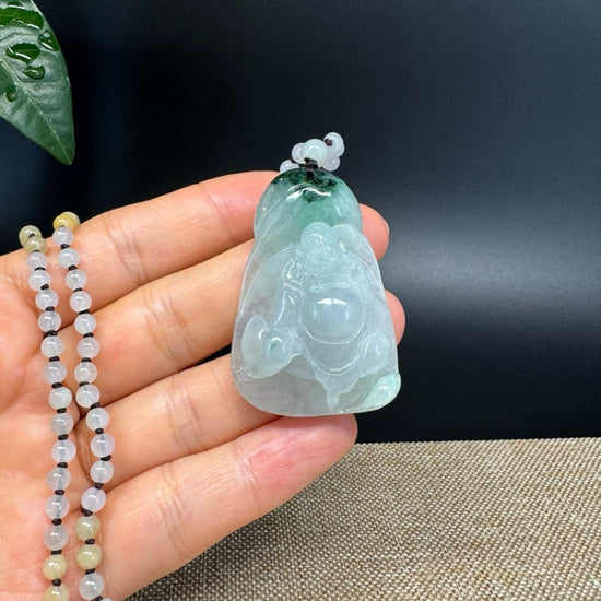 RealJade® Co.  Genuine Burmese Jadeite Jade Icy Green Happy Buddha Pendant Necklace