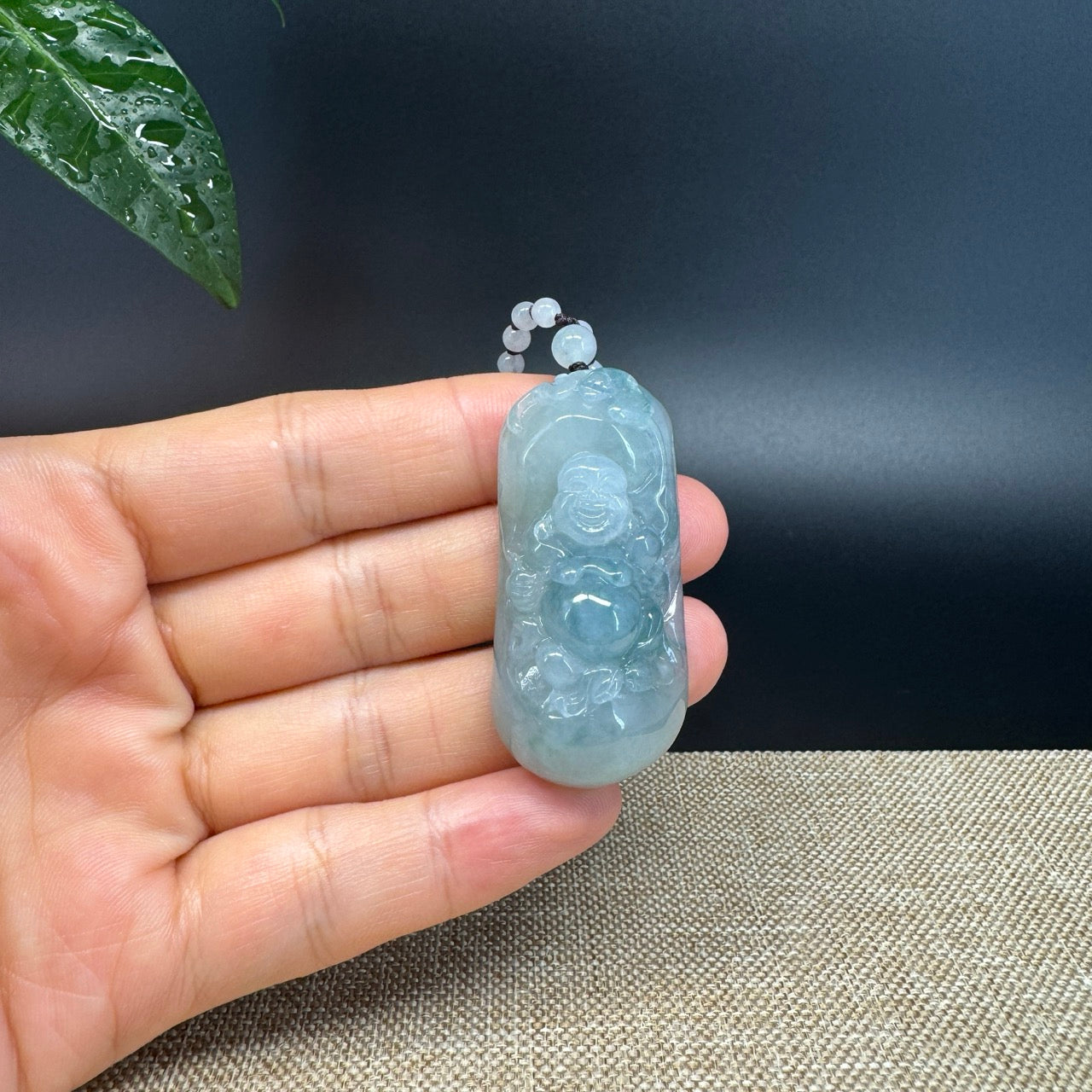 RealJade® Co. Genuine Burmese Jadeite Jade Blue Happy Buddha Pendant Necklace