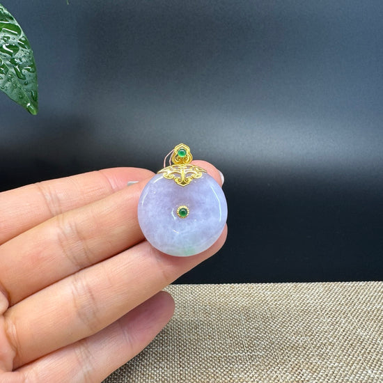 "Good Luck Button"Lavender Green Jadeite Jade Lucky KouKou Pendant With 18K Yellow Gold  Bail