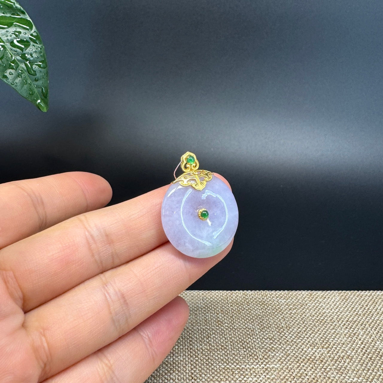 "Good Luck Button"Lavender Green Jadeite Jade Lucky KouKou Pendant With 18K Yellow Gold  Bail