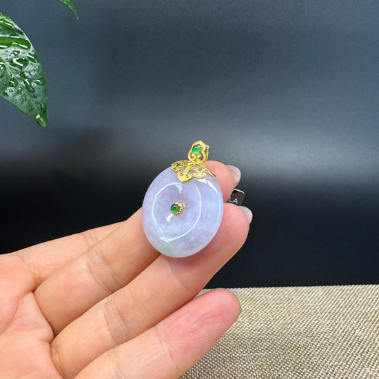 "Good Luck Button"Lavender Green Jadeite Jade Lucky KouKou Pendant With 18K Yellow Gold  Bail