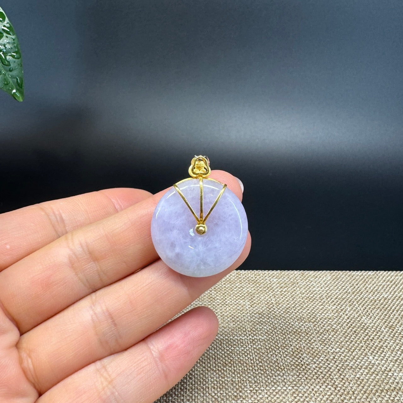 "Good Luck Button"Lavender Green Jadeite Jade Lucky KouKou Pendant With 18K Yellow Gold  Bail