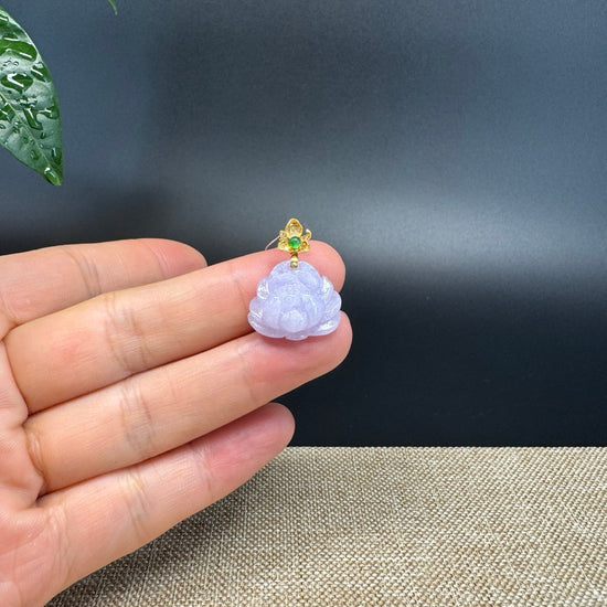 "Good Luck Button" Lavender Jadeite Jade Lotus Pendant With 18K Yellow Gold Bail