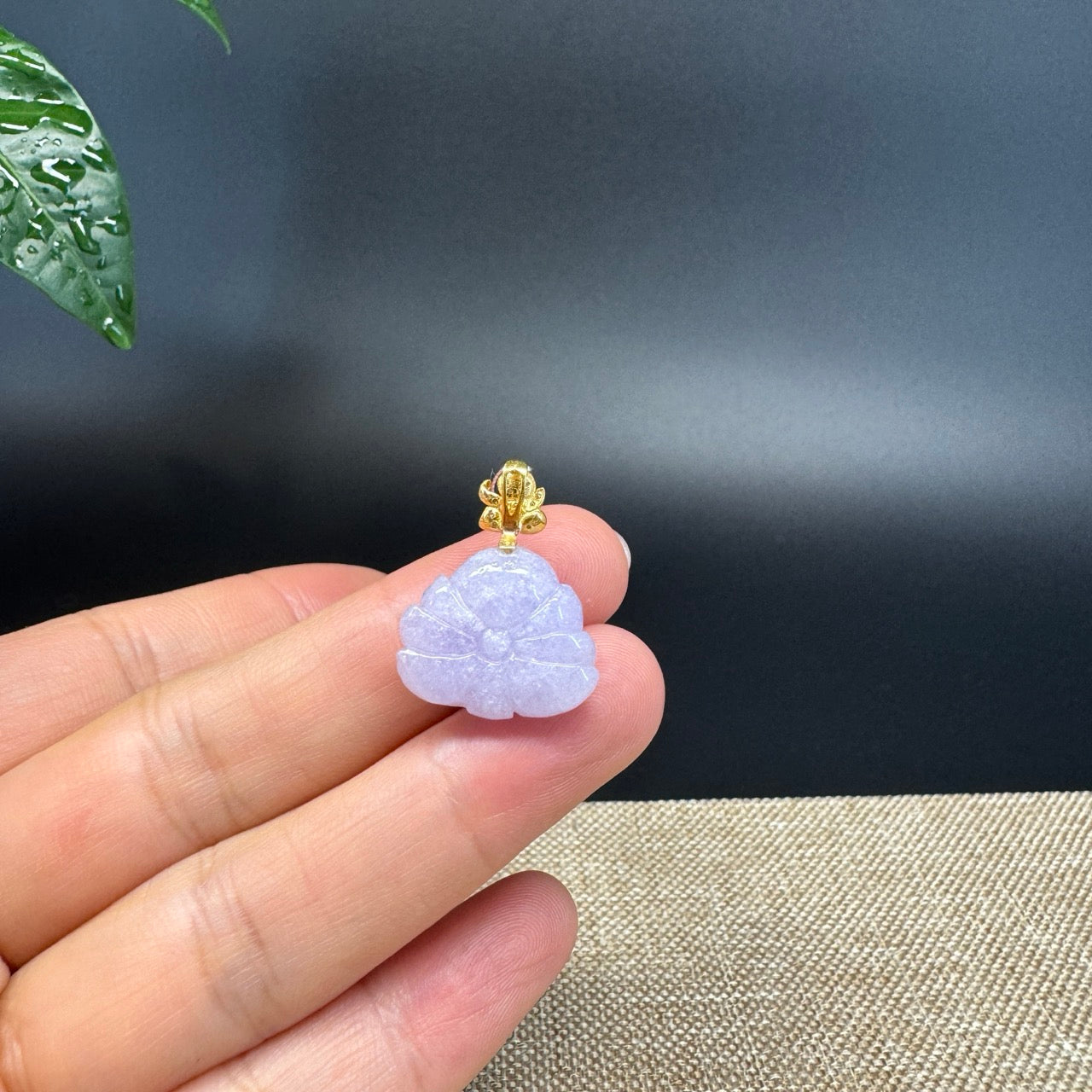 "Good Luck Button" Lavender Jadeite Jade Lotus Pendant With 18K Yellow Gold Bail