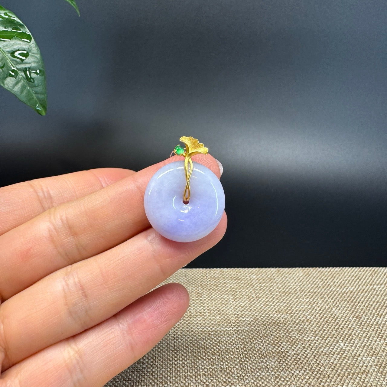 "Good Luck Button" Lavender Jadeite Jade Lucky KouKou Pendant With 18K Yellow Gold  Bail