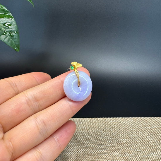 "Good Luck Button" Lavender Jadeite Jade Lucky KouKou Pendant With 18K Yellow Gold  Bail