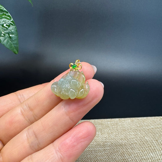 RealJade® Co. Genuine Ice Yellow Green  Jadeite Jade Good Lotus Bottle Gourd Necklace With 18K Yellow Gold Bail