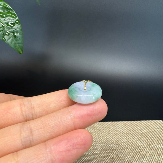 "Good Luck Button"Lavender Green Jadeite Jade Lucky KouKou Pendant With 18K Yellow Gold  Bail