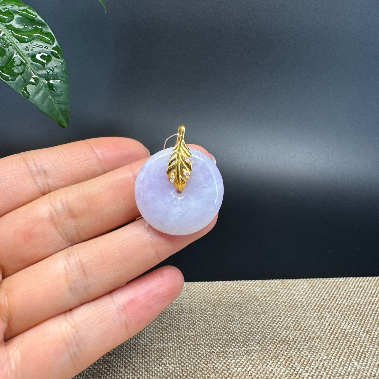 "Good Luck Button"Lavender Jadeite Jade Lucky KouKou Pendant With 18K Yellow Gold  Bail