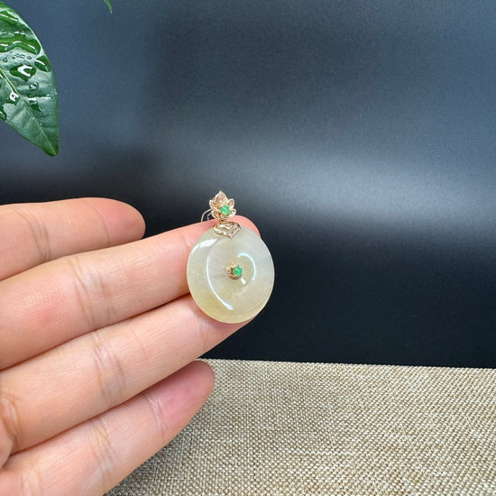 "Good Luck Button" Icy Yellow Jadeite Jade Lucky KouKou Pendant With 18K Yellow Gold Bail