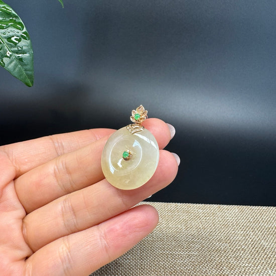 "Good Luck Button" Icy Yellow Jadeite Jade Lucky KouKou Pendant With 18K Yellow Gold Bail