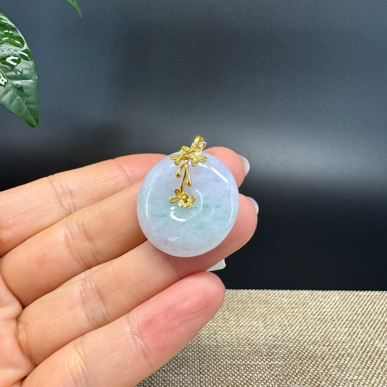 "Good Luck Button"Lavender Green Jadeite Jade Lucky KouKou Pendant With 18K Yellow Gold  Bail