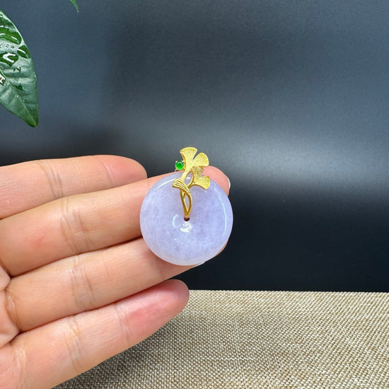 "Good Luck Button"Lavender Jadeite Jade Lucky KouKou Pendant With 18K Yellow Gold  Bail