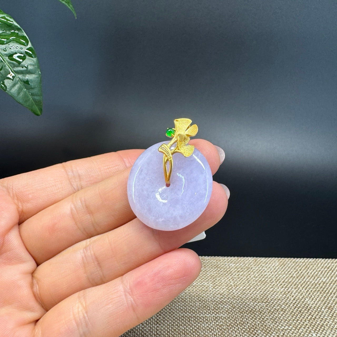 "Good Luck Button"Lavender Jadeite Jade Lucky KouKou Pendant With 18K Yellow Gold  Bail