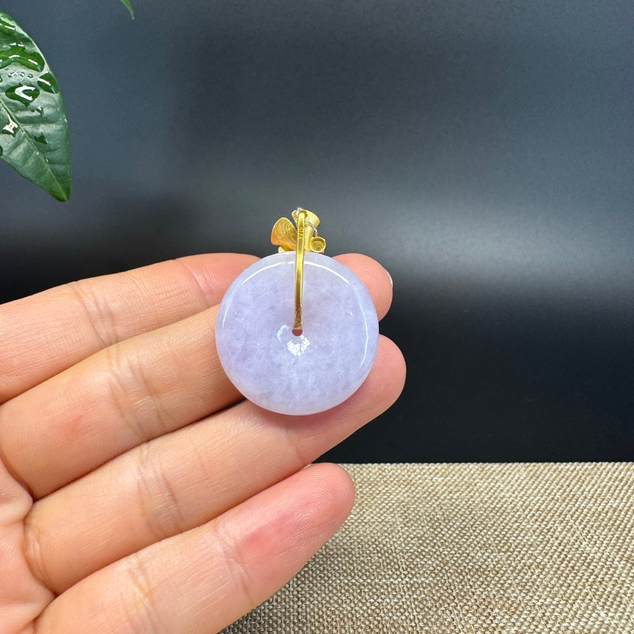 "Good Luck Button"Lavender Jadeite Jade Lucky KouKou Pendant With 18K Yellow Gold  Bail