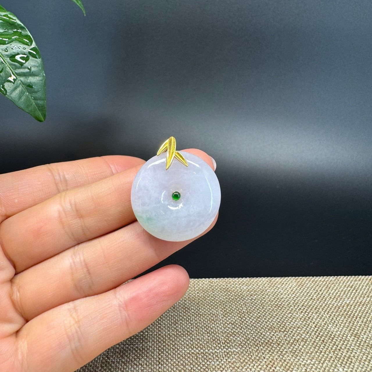 "Good Luck Button"Lavender Green Jadeite Jade Lucky KouKou Pendant With 18K Yellow Gold  Bail