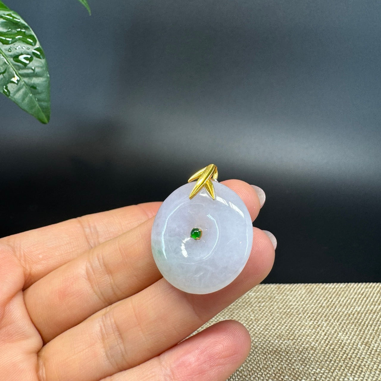 "Good Luck Button"Lavender Green Jadeite Jade Lucky KouKou Pendant With 18K Yellow Gold  Bail