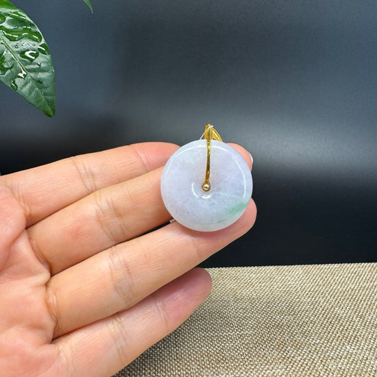 "Good Luck Button"Lavender Green Jadeite Jade Lucky KouKou Pendant With 18K Yellow Gold  Bail