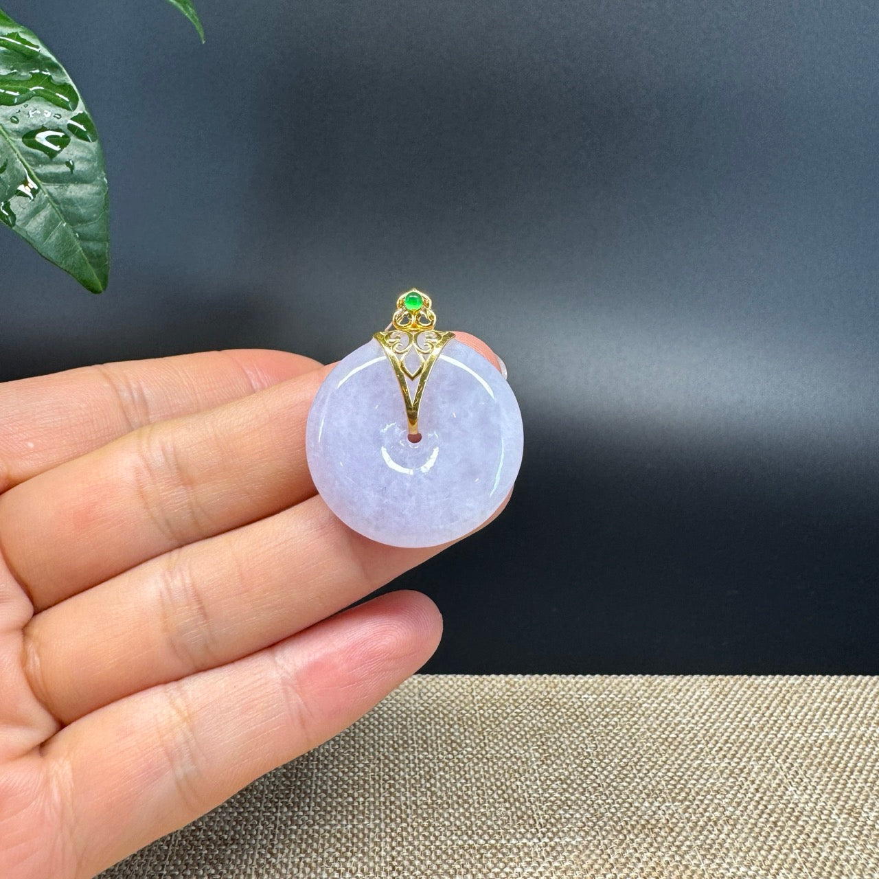 "Good Luck Button"Lavender Jadeite Jade Lucky KouKou Pendant With 18K Yellow Gold  Bail