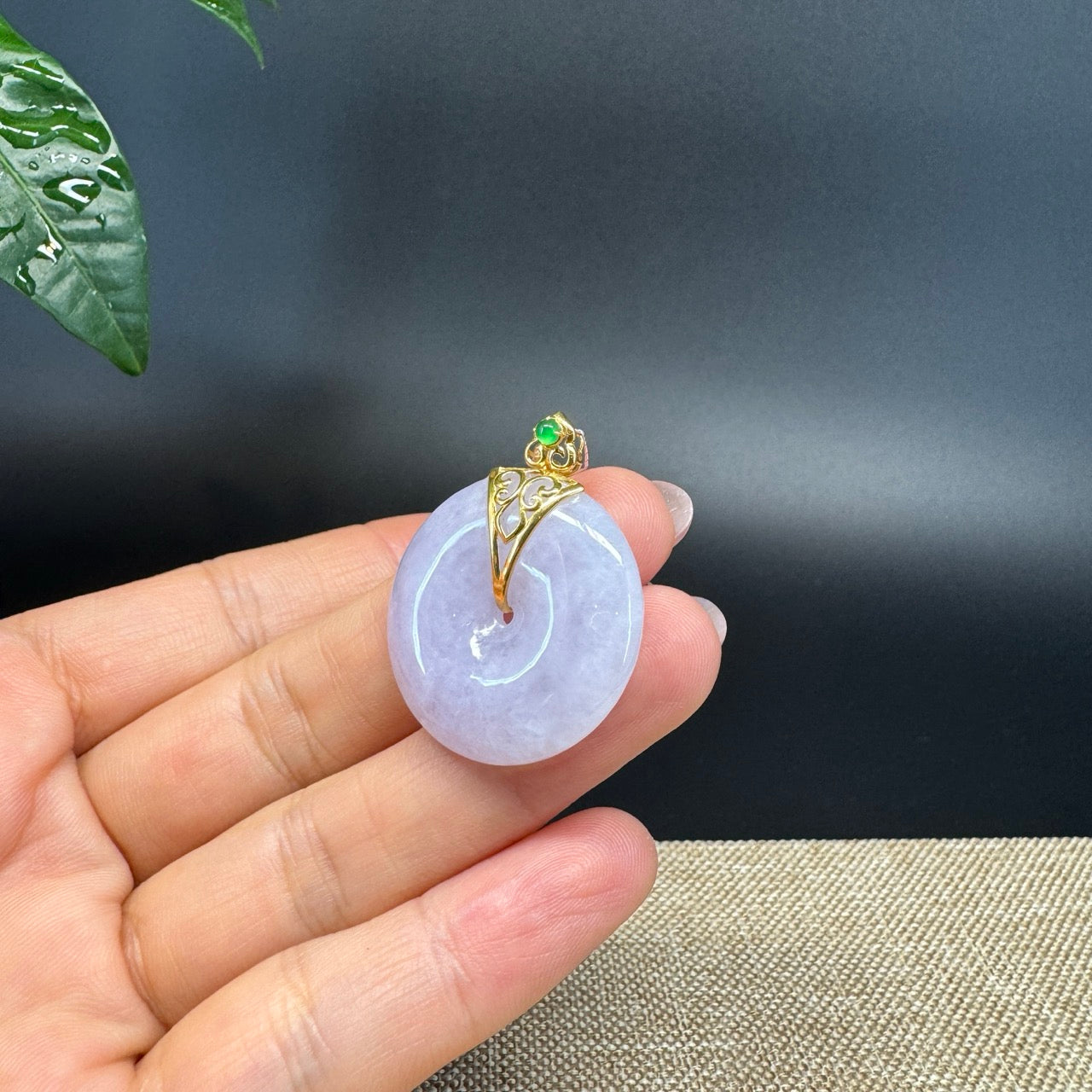 "Good Luck Button"Lavender Jadeite Jade Lucky KouKou Pendant With 18K Yellow Gold  Bail