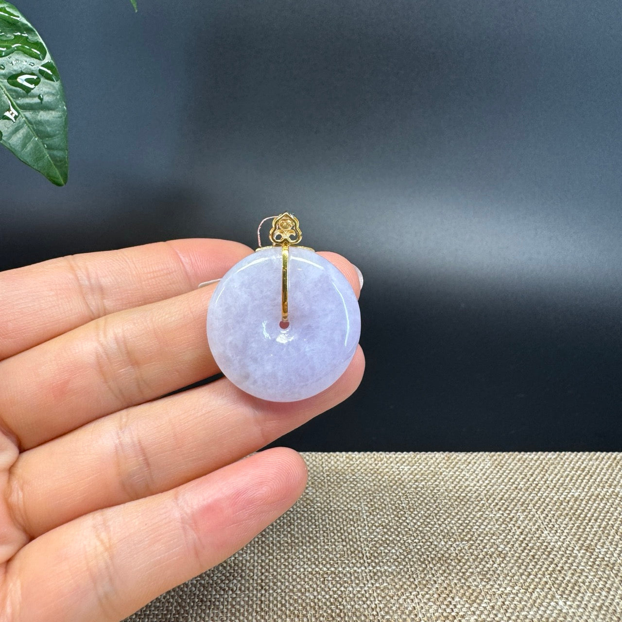 "Good Luck Button"Lavender Jadeite Jade Lucky KouKou Pendant With 18K Yellow Gold  Bail