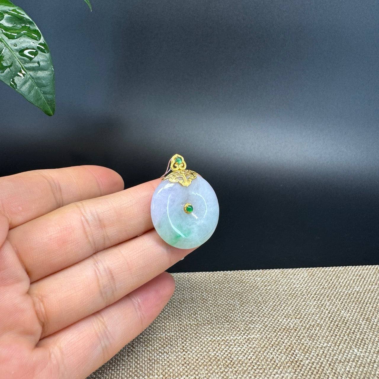 "Good Luck Button"Lavender Green Jadeite Jade Lucky KouKou Pendant With 18K Yellow Gold Bail