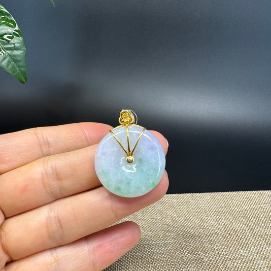 "Good Luck Button"Lavender Green Jadeite Jade Lucky KouKou Pendant With 18K Yellow Gold Bail