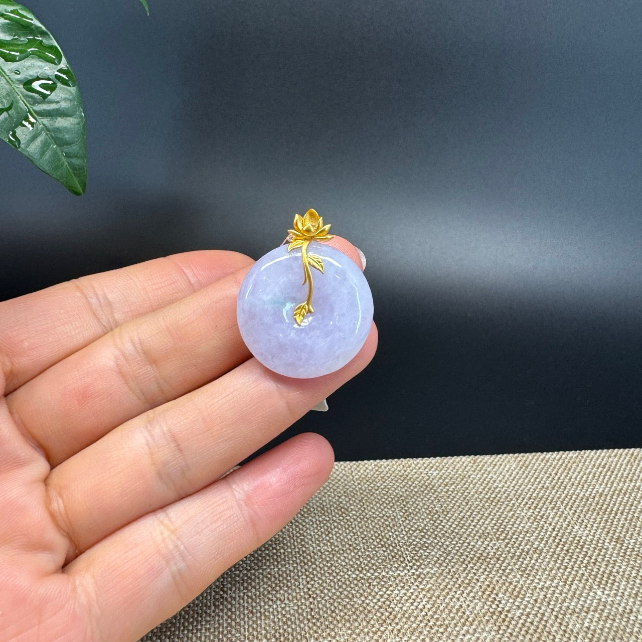 "Good Luck Button"Lavender Jadeite Jade Lucky KouKou Pendant With 18K Yellow Gold Bail