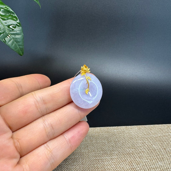 "Good Luck Button"Lavender Jadeite Jade Lucky KouKou Pendant With 18K Yellow Gold Bail