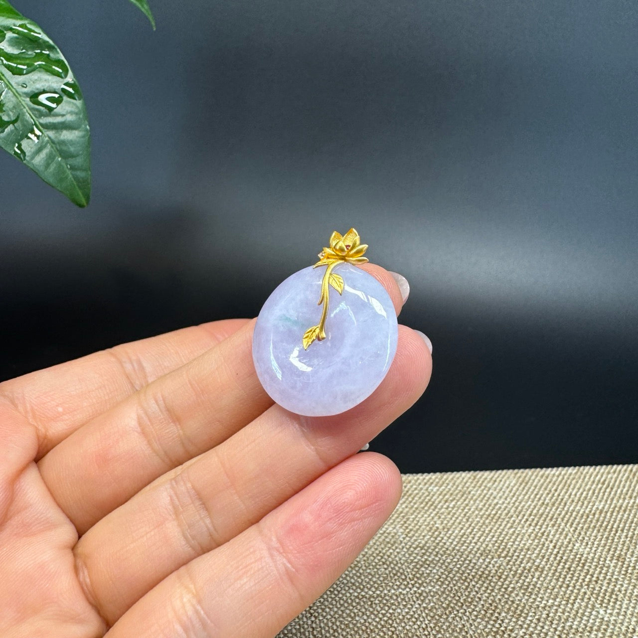 "Good Luck Button"Lavender Jadeite Jade Lucky KouKou Pendant With 18K Yellow Gold Bail