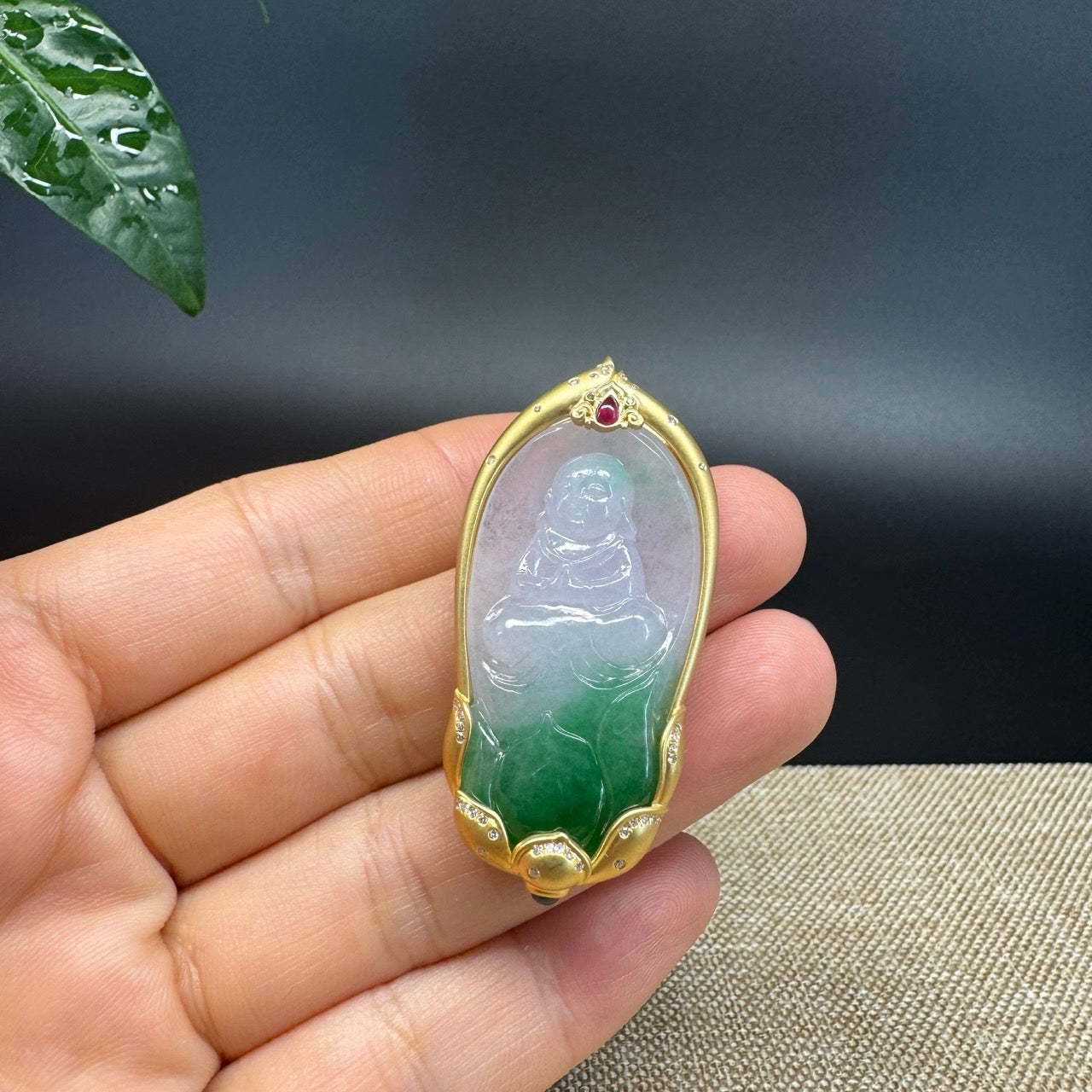 High-end 18K Yellow Gold  Burmese White Green Jadeite Jade Tongzi Pendant with Diamond