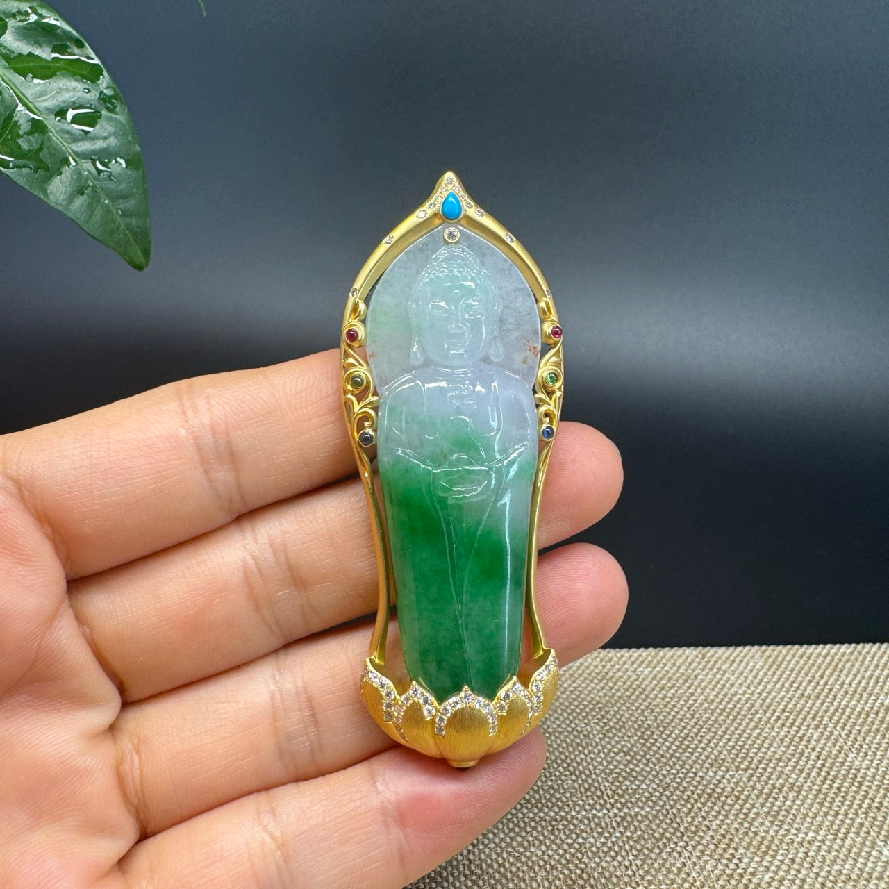 High-end 18K Yellow Gold  Burnese White Green Jadeite Jade Guanyin Pendant with Diamond