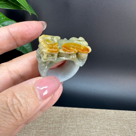 Natural Burmese Yellow Jadeite Jade Men's Band Ring