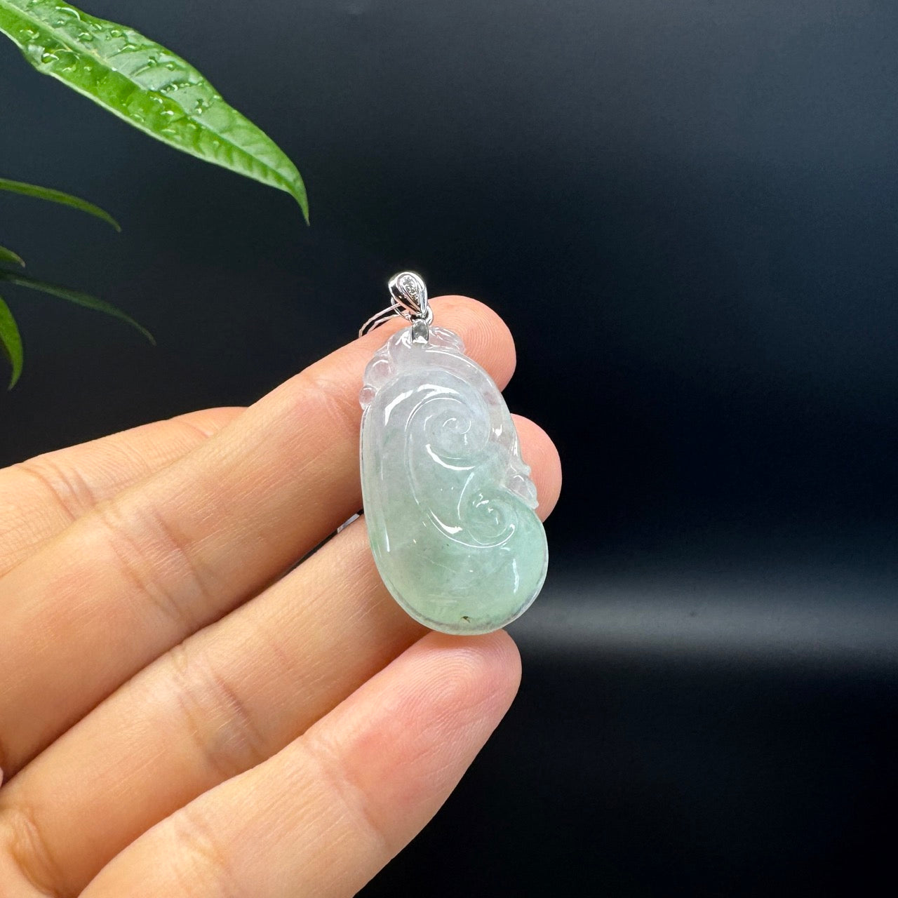 RealJade® Co. Genuine Icy green Jadeite Jade Good Luck RuYi  Necklace With 18K White Gold Bail