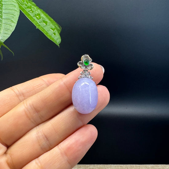 RealJade® Co. Luxury Genuine Lavender Jadeite Jade Cabochon Necklace With 18K White Gold Bail