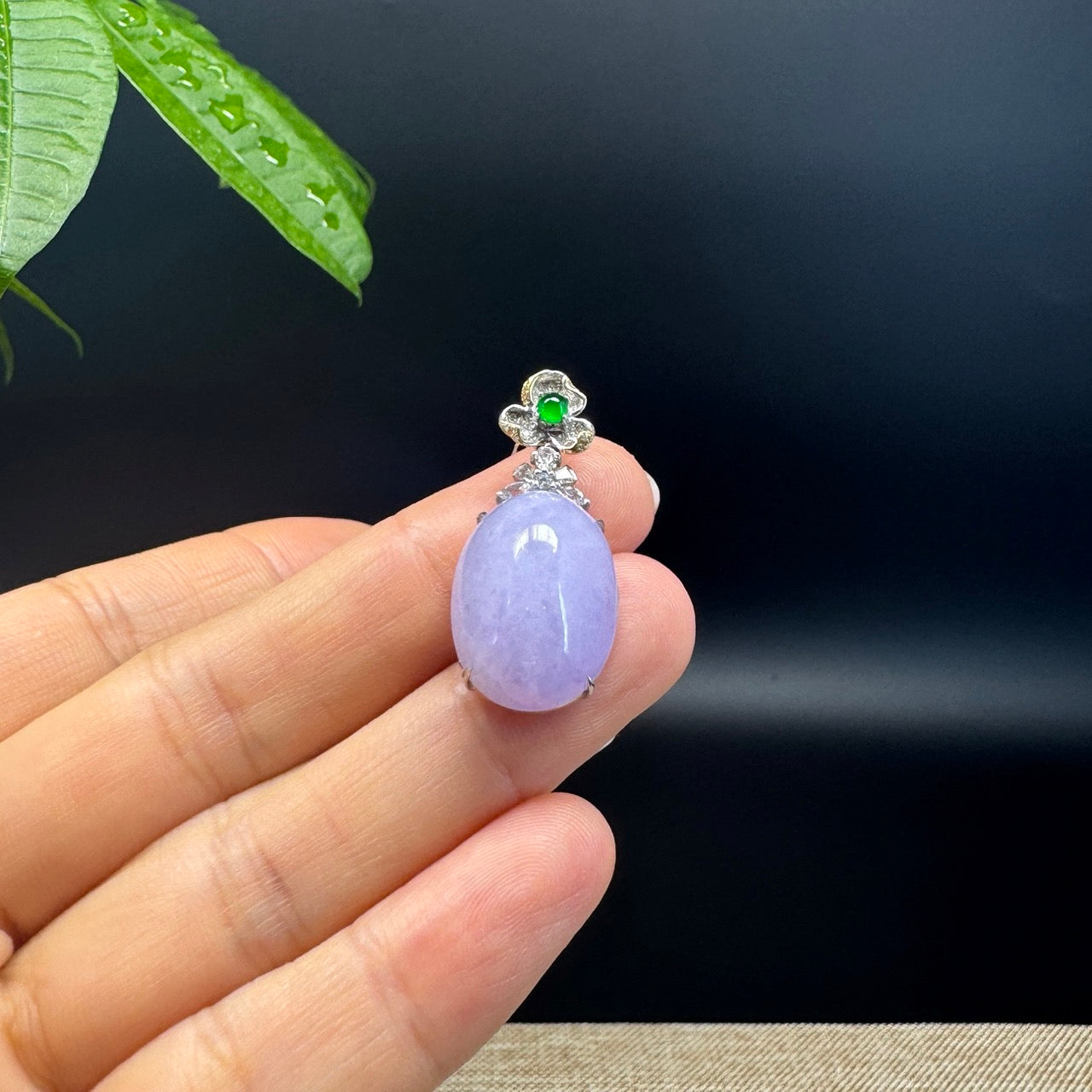 RealJade® Co. Luxury Genuine Lavender Jadeite Jade Cabochon Necklace With 18K White Gold Bail