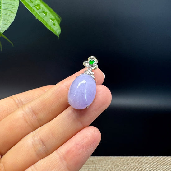 RealJade® Co. Luxury Genuine Lavender Jadeite Jade Cabochon Necklace With 18K White Gold Bail