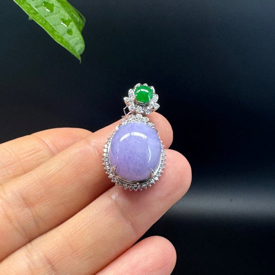 RealJade® Co. Luxury Genuine Lavender Jadeite Jade Cabochon  Necklace With 18K White Gold Bail