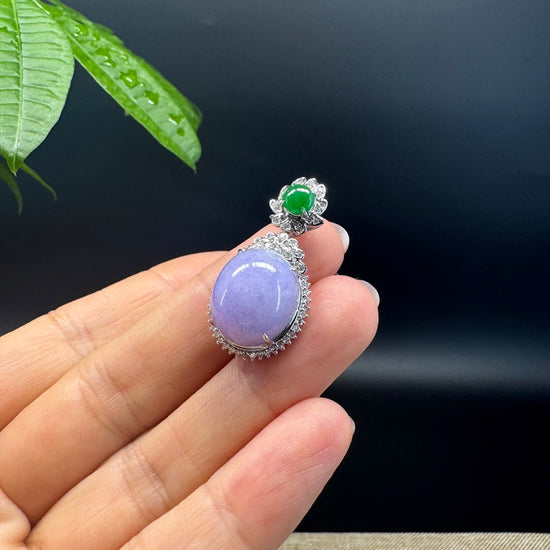 RealJade® Co. Luxury Genuine Lavender Jadeite Jade Cabochon  Necklace With 18K White Gold Bail