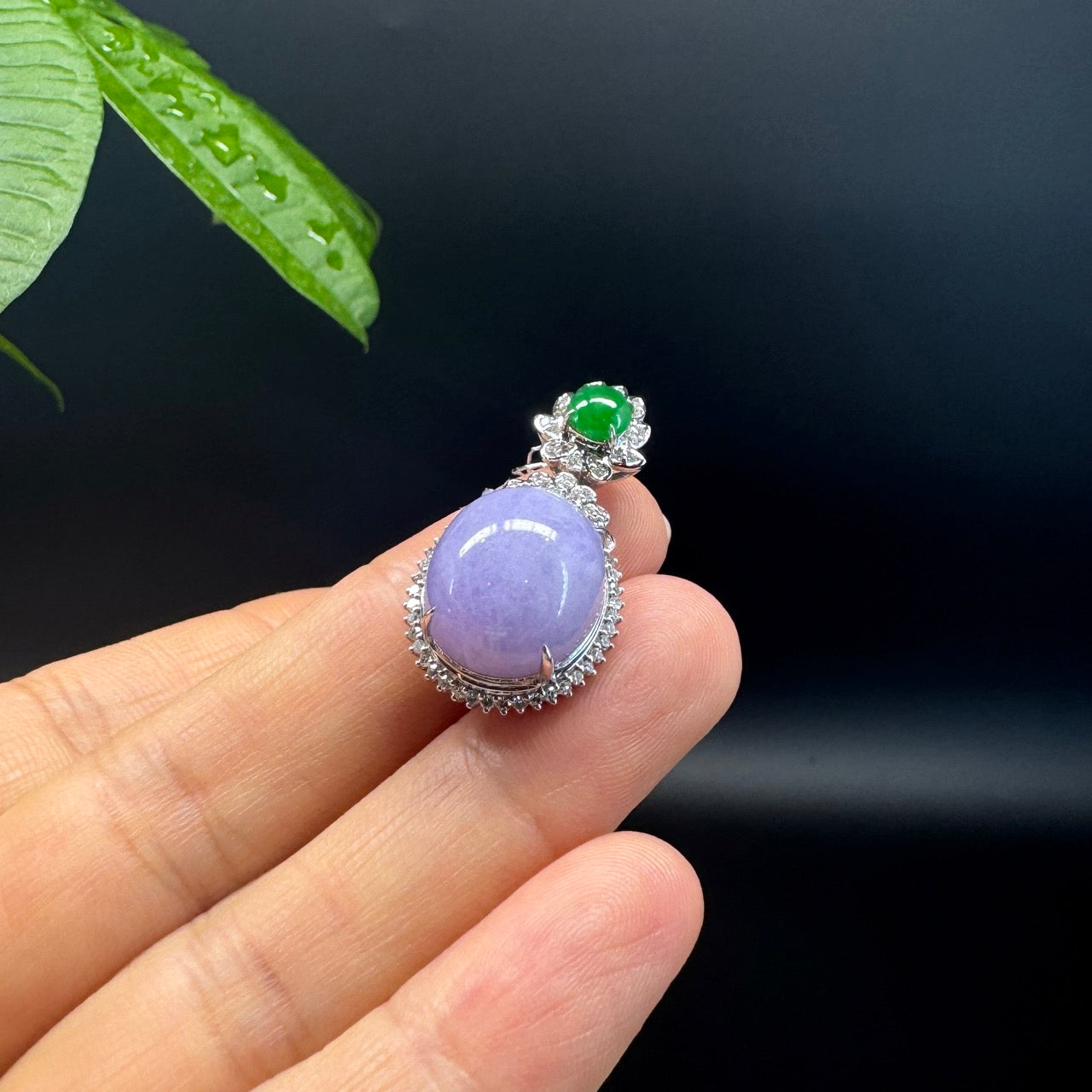 RealJade® Co. Luxury Genuine Lavender Jadeite Jade Cabochon  Necklace With 18K White Gold Bail