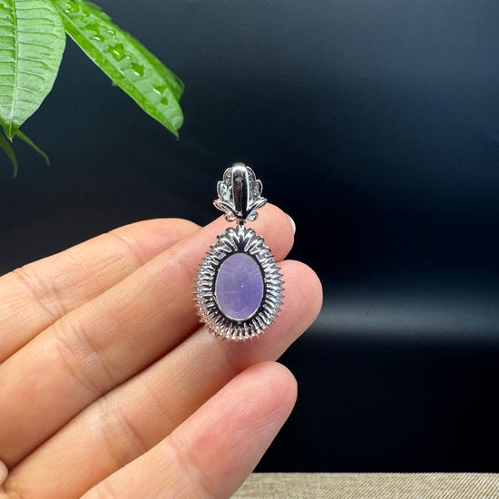 RealJade® Co. Luxury Genuine Lavender Jadeite Jade Cabochon  Necklace With 18K White Gold Bail