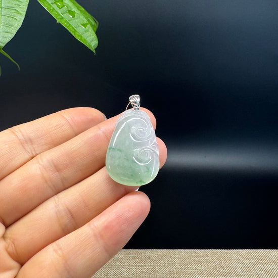 RealJade® Co. Genuine Icy green Jadeite Jade Good Luck RuYi Necklace With 18K White Gold Bail