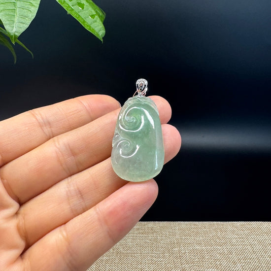 RealJade® Co. Genuine Icy green Jadeite Jade Good Luck RuYi Necklace With 18K White Gold Bail